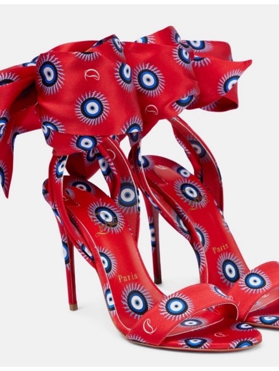 Christian Louboutin Shoes - Christian Louboutin Red Satin Eye-Print Stiletto Sandals with Ankle Tie